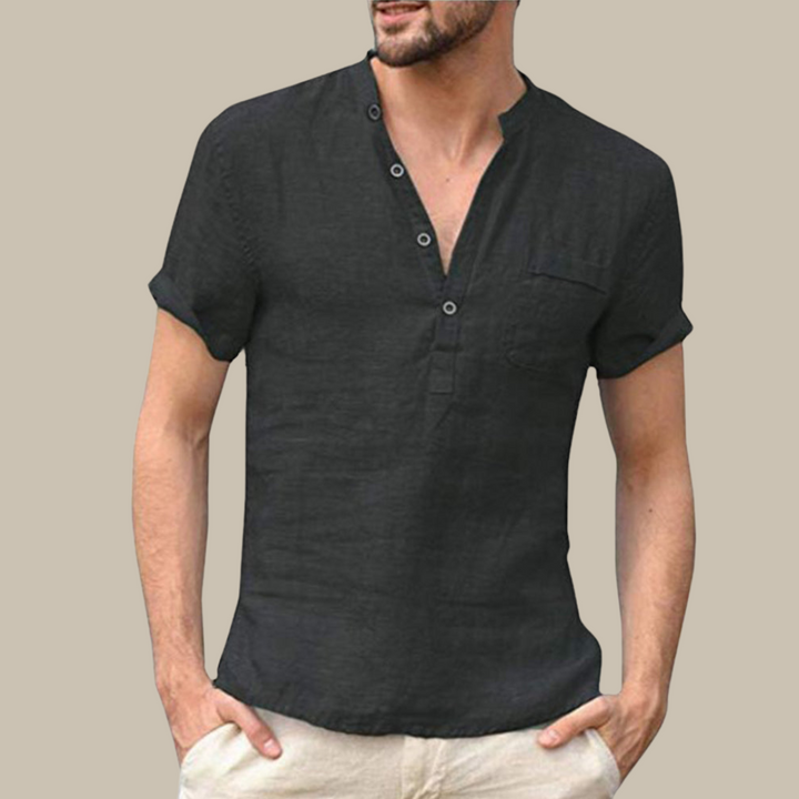 Levoire | Chemise En Lin Élégante À Manches Courtes Et Décolleté En V noir