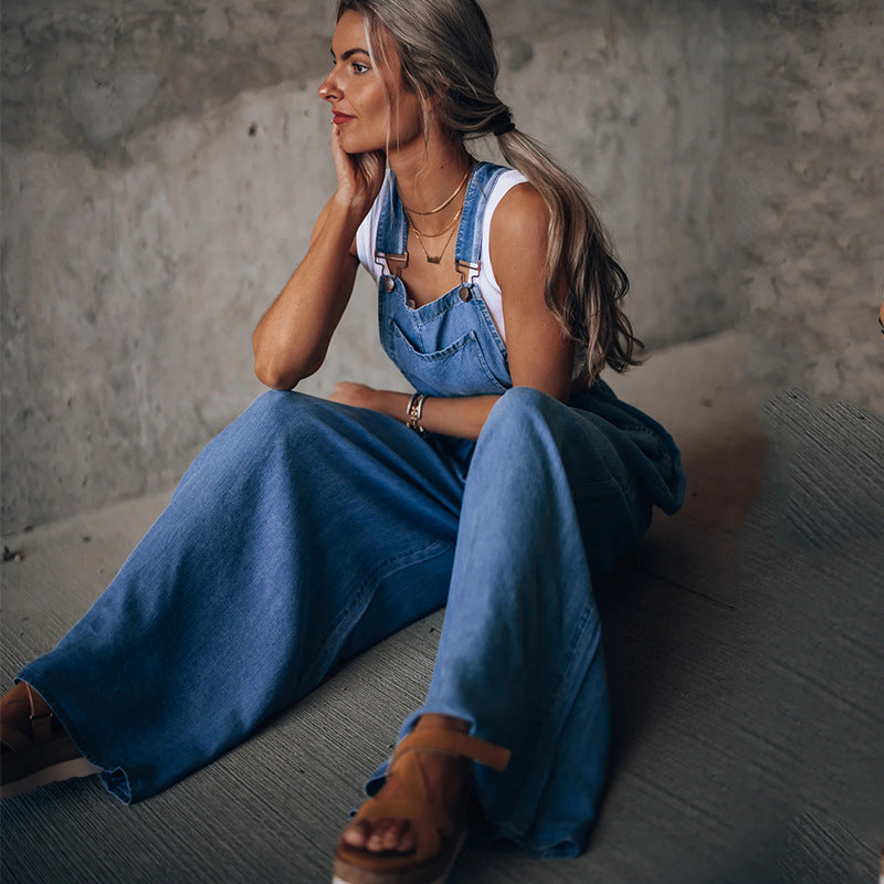 Levoire | Jambes Larges Sans Manches Coupe Décontractée Combinaison En Denim Pour Femmes