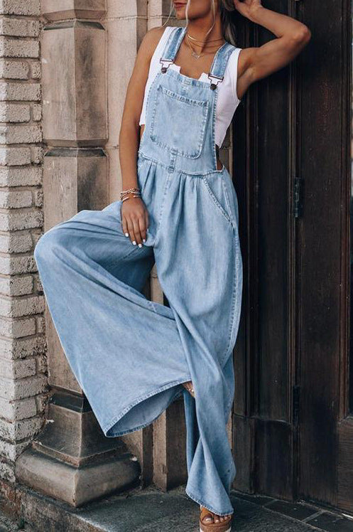 Levoire | Jambes Larges Sans Manches Coupe Décontractée Combinaison En Denim Pour Femmes Bleu clair