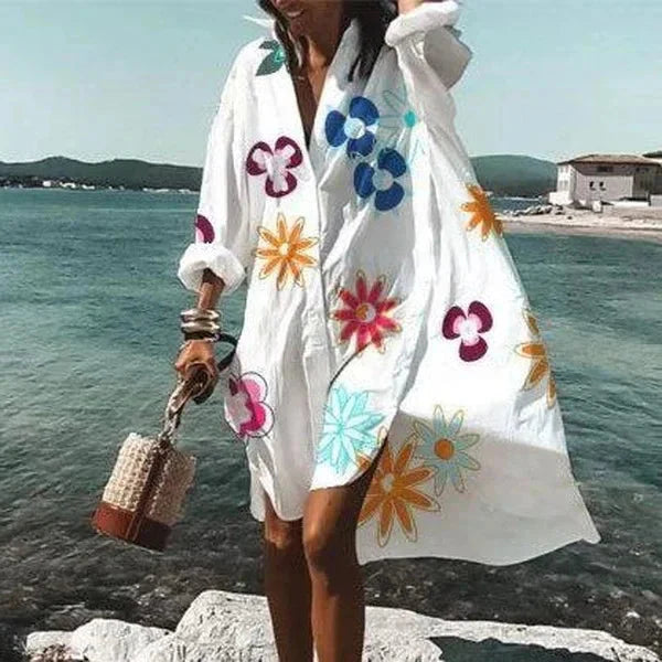 Levoire | Couleur Ample De Bouton Fermeture Robe Mi-Longue Robe D'Été Blanc - Fleur