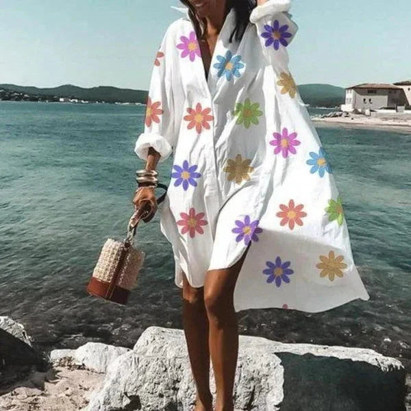 Levoire | Couleur Ample De Bouton Fermeture Robe Mi-Longue Robe D'Été Petite marguerite blanche