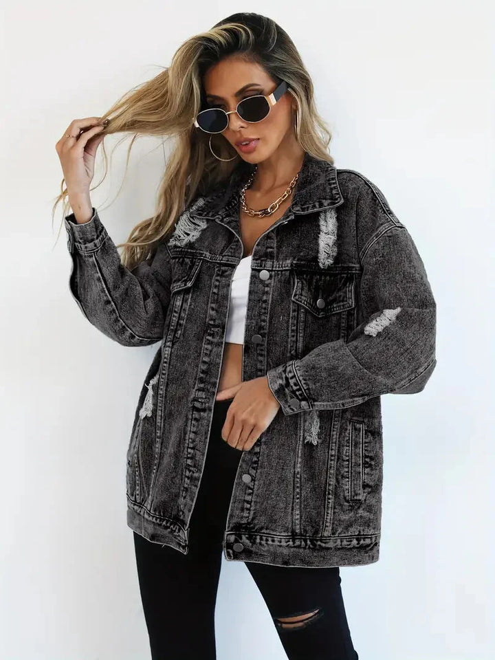 Levoire | Veste En Jean Déchirée Modèle Large Veste En Jean Pour Femmes Gris foncé