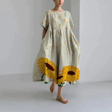 Levoire | Robe Midi Imprimée Décontractée À Coupe Loose Pour Femmes Blanc et Jaune