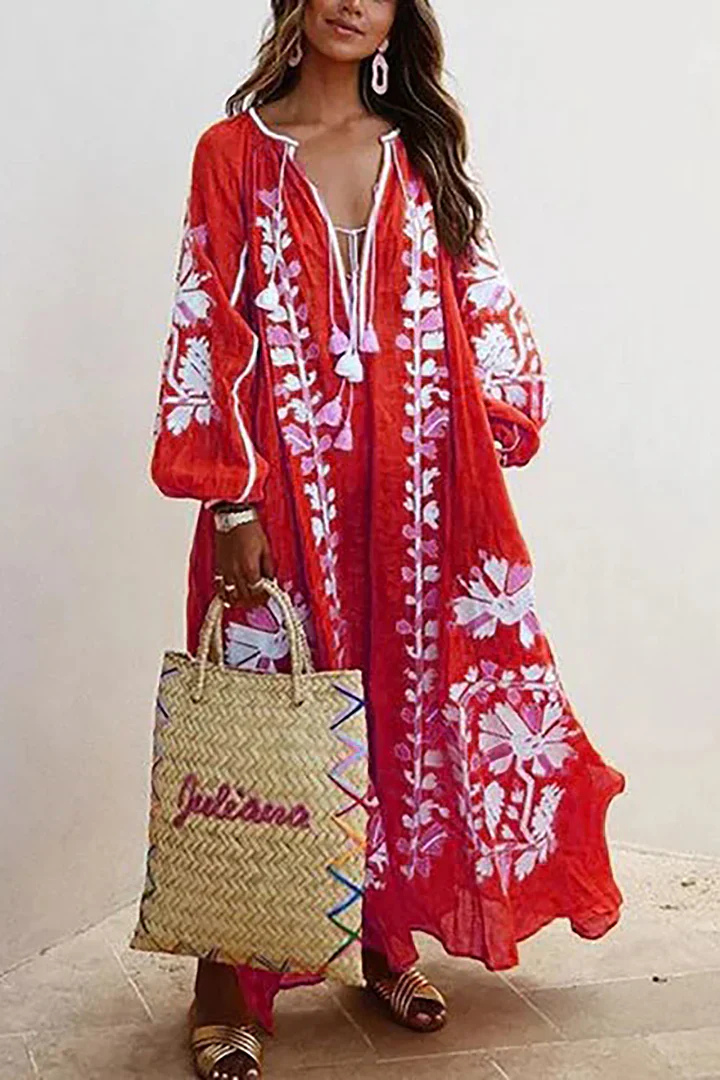 Levoire | Robe Décolleté En V À Manches Longues Robe Boho Robe Maxi Rot