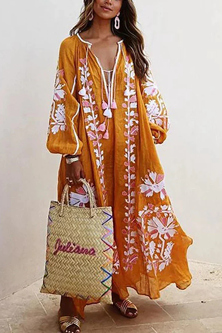 Levoire | Robe Décolleté En V À Manches Longues Robe Boho Robe Maxi Orange