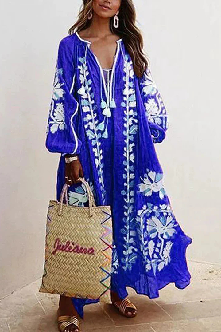Levoire | Robe Décolleté En V À Manches Longues Robe Boho Robe Maxi Bleu