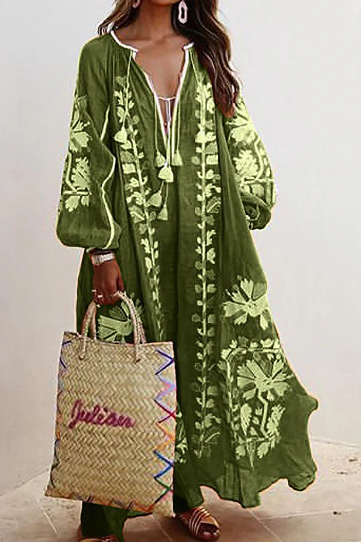 Levoire | Robe Décolleté En V À Manches Longues Robe Boho Robe Maxi Vert