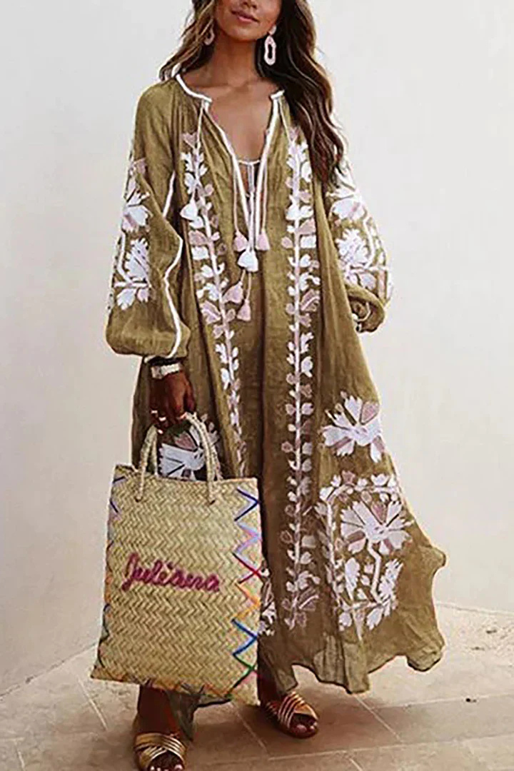 Levoire | Robe Décolleté En V À Manches Longues Robe Boho Robe Maxi Khaki