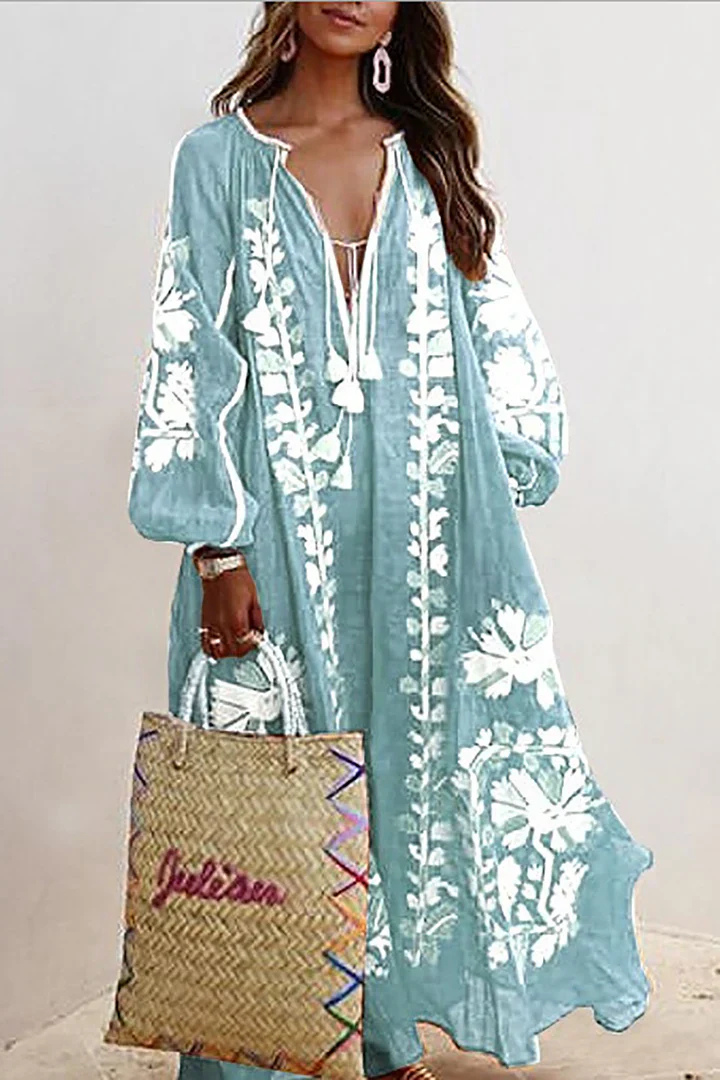 Levoire | Robe Décolleté En V À Manches Longues Robe Boho Robe Maxi Bleu clair