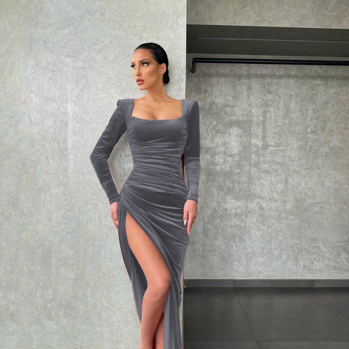 Levoire | Femme Carré-Découpe Taille Haute Fente Mini Robe de Soirée Gris anthracite