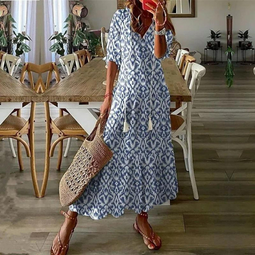 Levoire | Robe D'Été Chic Avec Décolleté En V Bleu-blanc