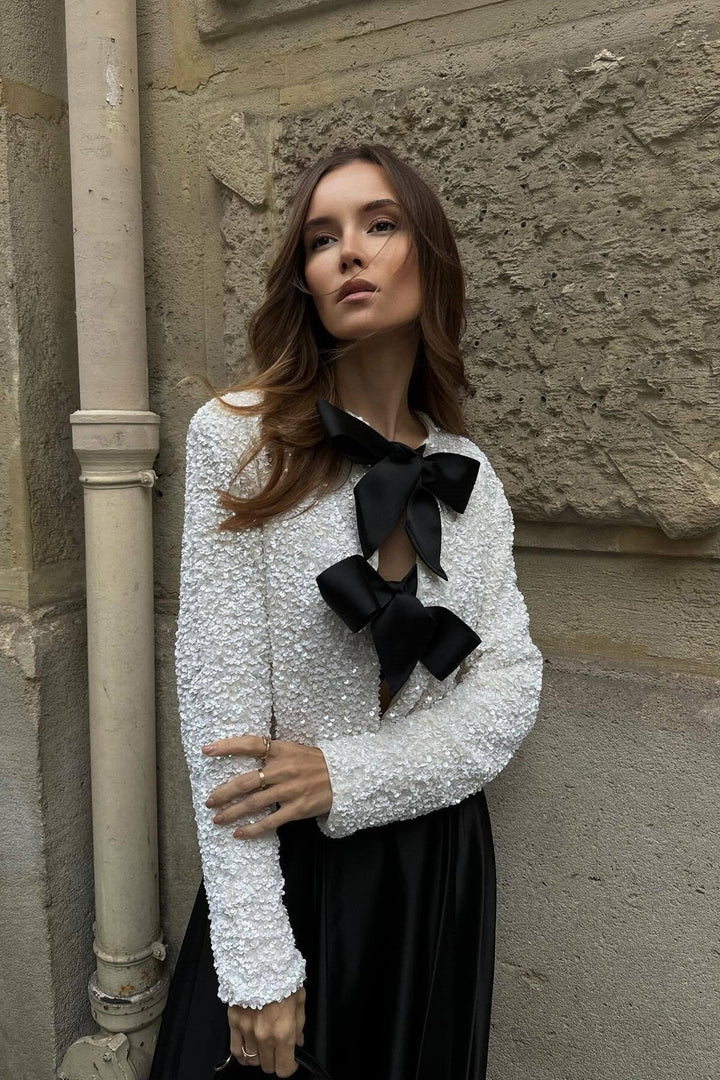 Levoire | Manches Longues Bande Devant Paillettes Chemisier Femme Chemisier Blanc