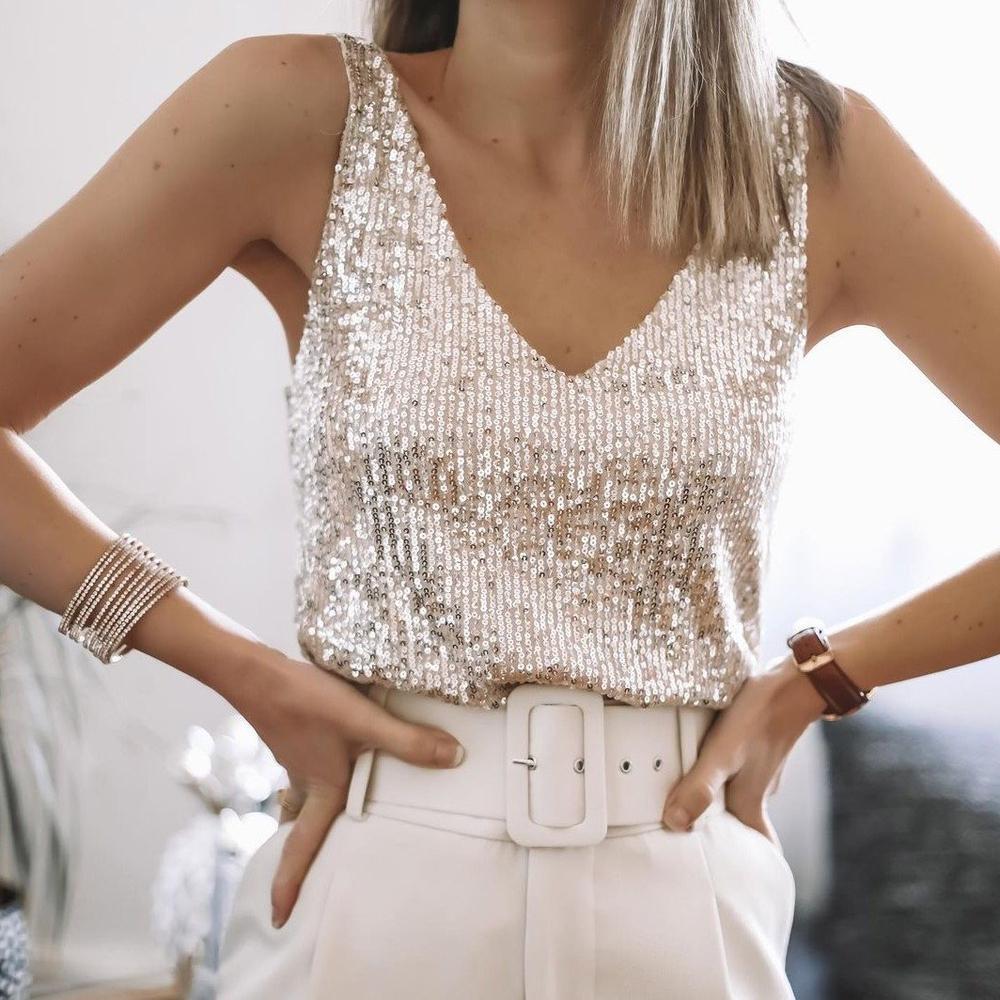 Levoire | Haut Sans Manches V-Cou Paillettes Haut De Fête Beige