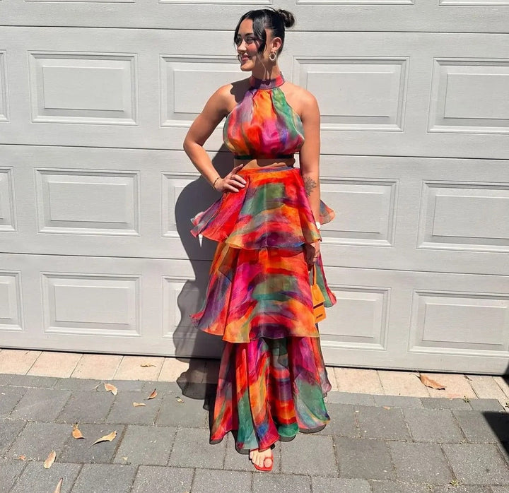 Levoire | Printed Bandeau Crop Top & Long Ruched Hem Set Helle-mélange