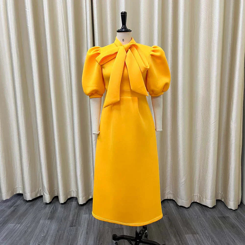 Levoire | Col Côté Bouffant Manches Courtes Robes Longues Jaune