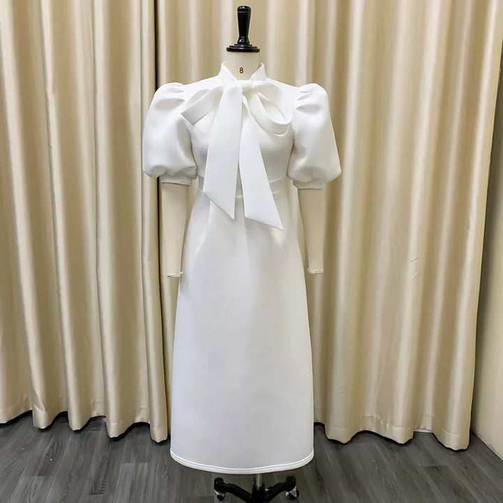 Levoire | Col Côté Bouffant Manches Courtes Robes Longues Blanc