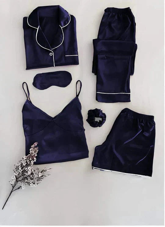 Levoire | 6 Pièces Ceinture Élastique Satin Pyjama Femme Mode Nuit Bleu