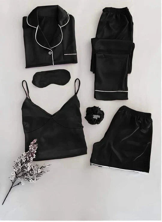 Levoire | 6 Pièces Ceinture Élastique Satin Pyjama Femme Mode Nuit Noir