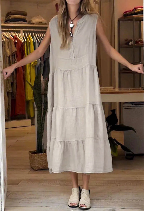 Levoire | Robe Femme En Couleur Unie En Coton Et Lin Beige
