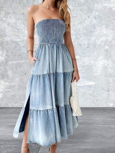 Levoire | Robe En Denim À Smocks Et Fente