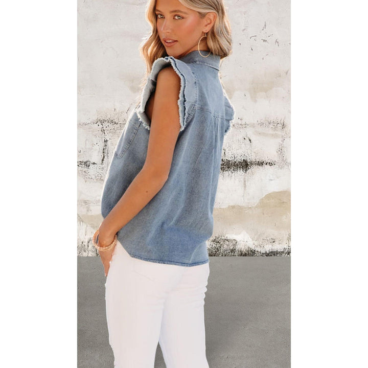 Levoire | Chemisier À Volants Frangés Bleus À Manches Courtes En Denim