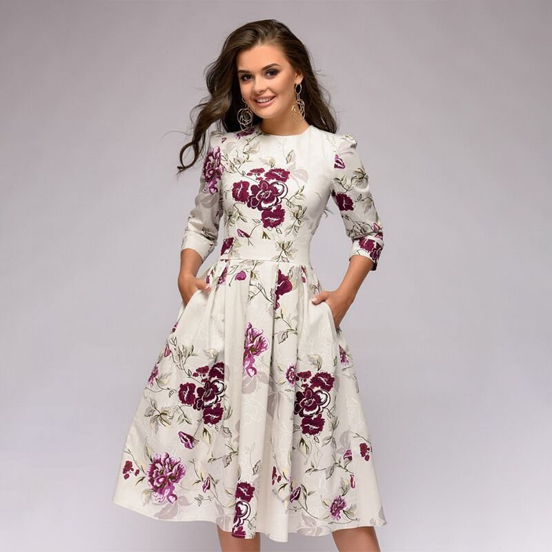 Levoire | Robe Midi Vintage Avec Imprimé Floral Pour Femmes Blanc