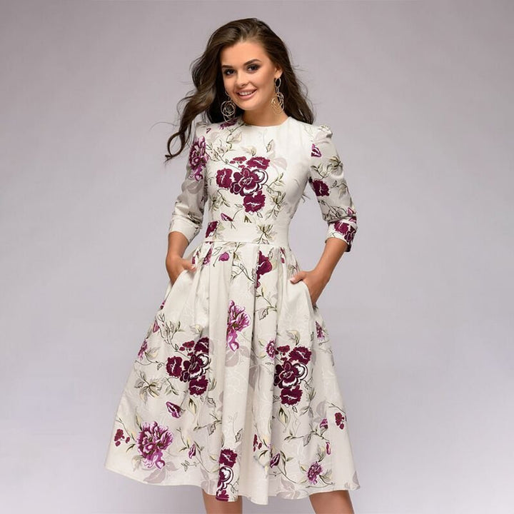 Levoire | Robe Midi Vintage Avec Imprimé Floral Pour Femmes Blanc