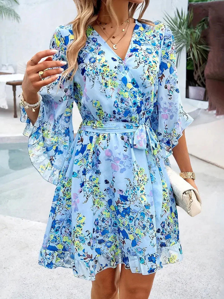 Levoire | Robe À Volants, Fleurie, Manches Courtes, Robe D'Été, Robes De Soleil Bleu