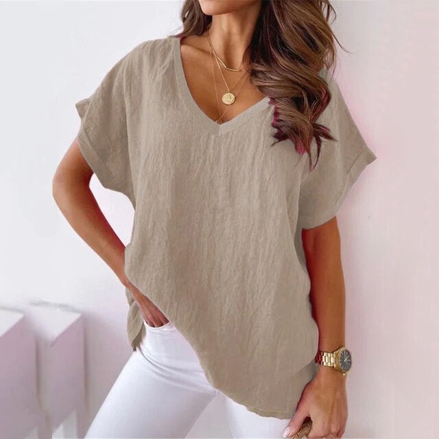 Levoire | T-Shirt Décontracté Pour Femme À Col En V Khaki