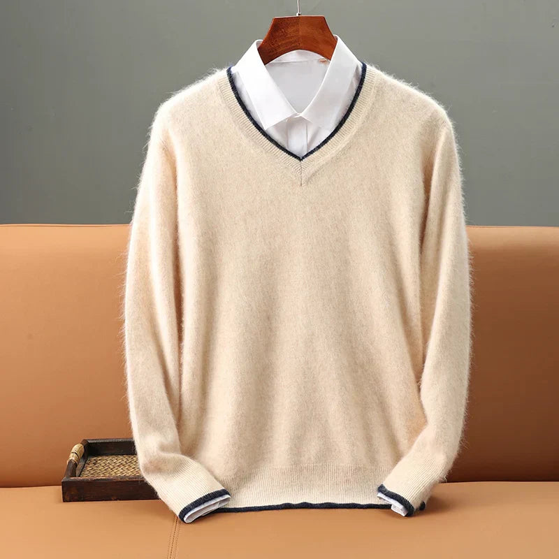 Levoire | Pull Classique Pour Homme En Laine Avec Col En V Beige