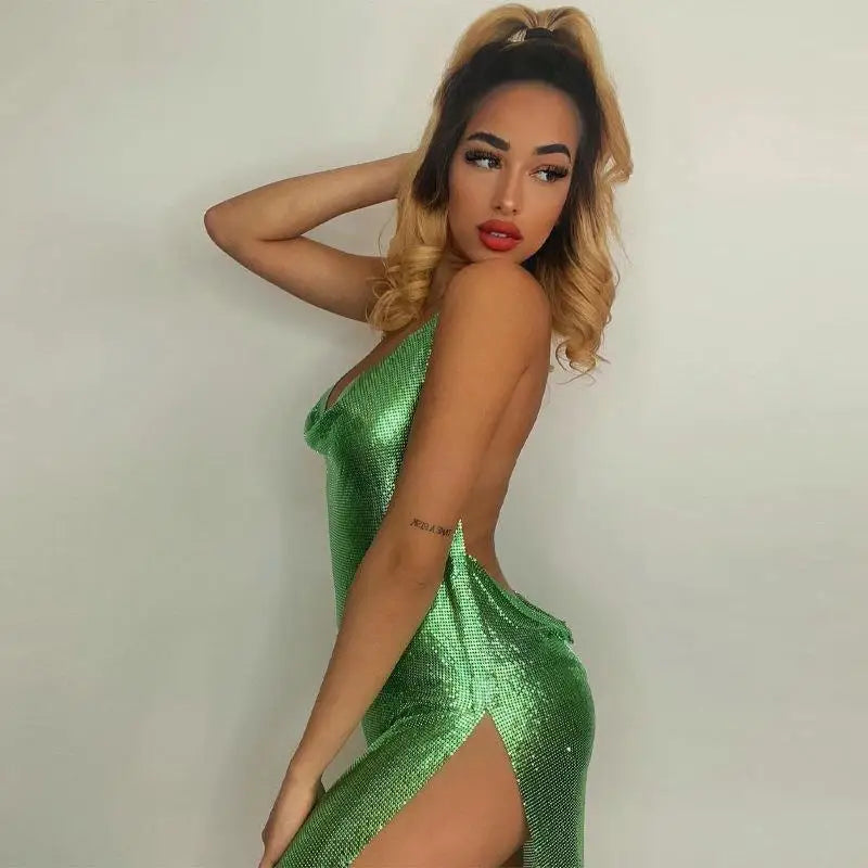 Levoire | Dos Nu Metallic Mesh Luxe Fente Mini Robe Vert