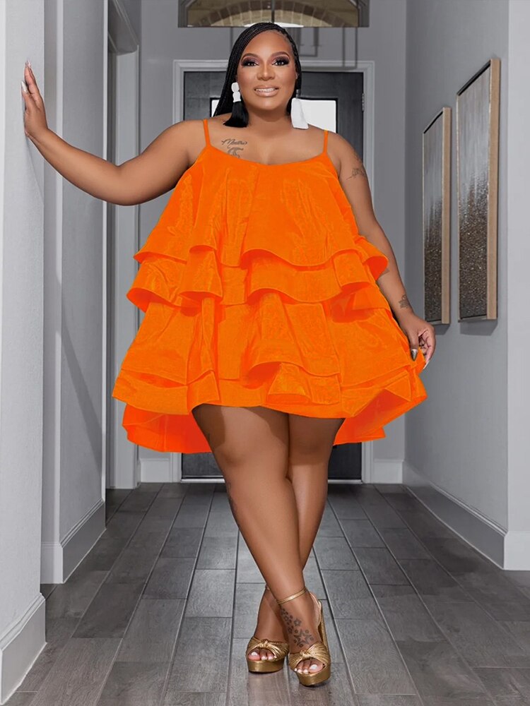 Levoire | Satin Créé Ridé Robe Mini Grande Taille Orange
