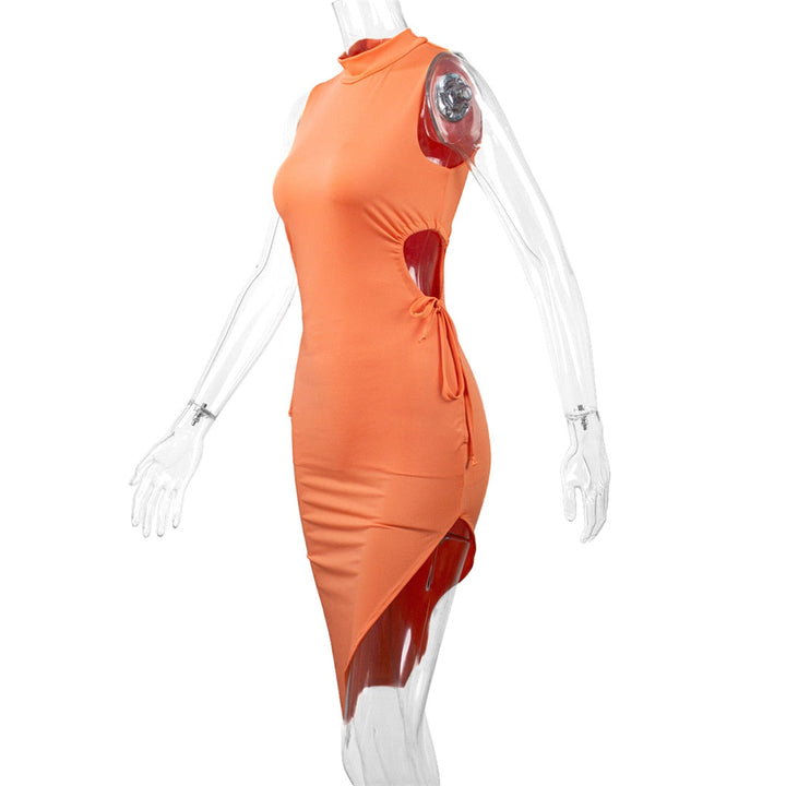 Levoire | Orange Round Neck Dress With Slit Mini Dress