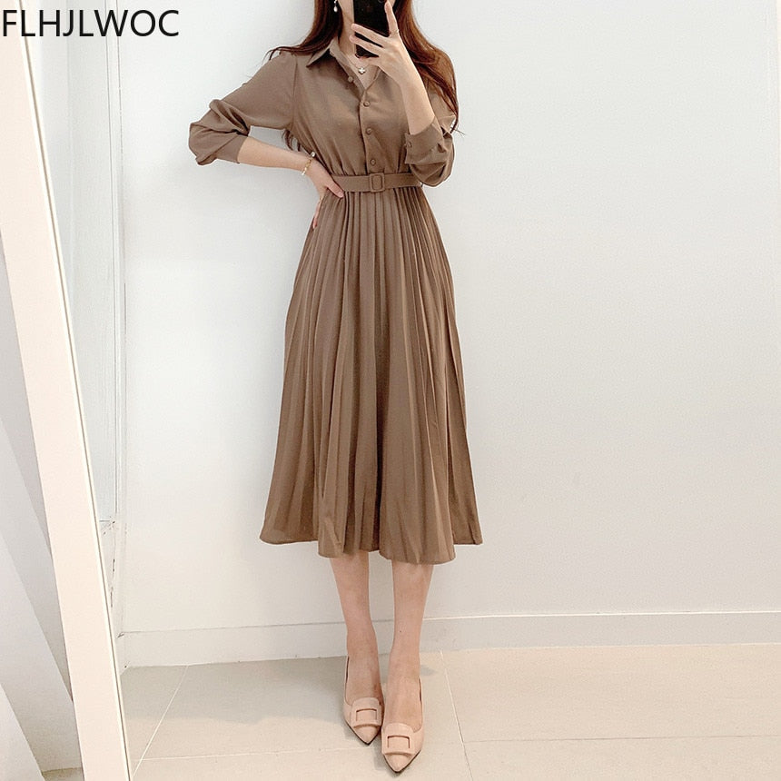 Levoire | Robe Maxi Plissée Taille Haute À Manches Longues Avec Ceinture Café