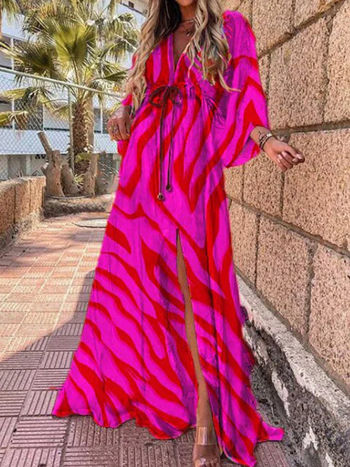 Levoire | Maxi Dress V-Neck Button Closure Waist Pads Abstract Print Flowing Stylish Cut Rosa-Rouge