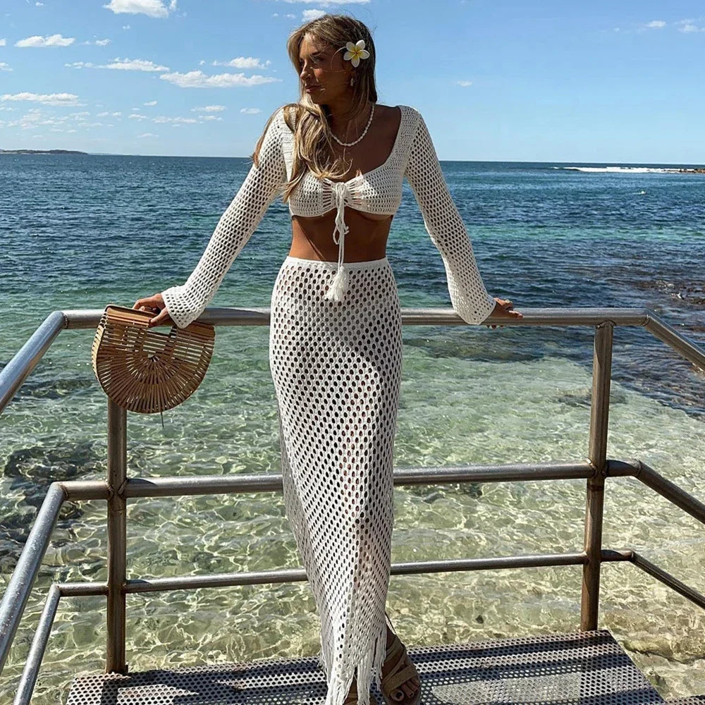 Levoire | Crop Top Et Jupe Maxi À Franges Blanches Co Ord