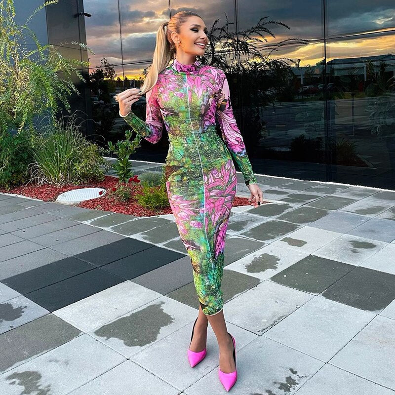 Levoire | Robe Midi Bodycon Imprimée À Fleurs À Manches Longues