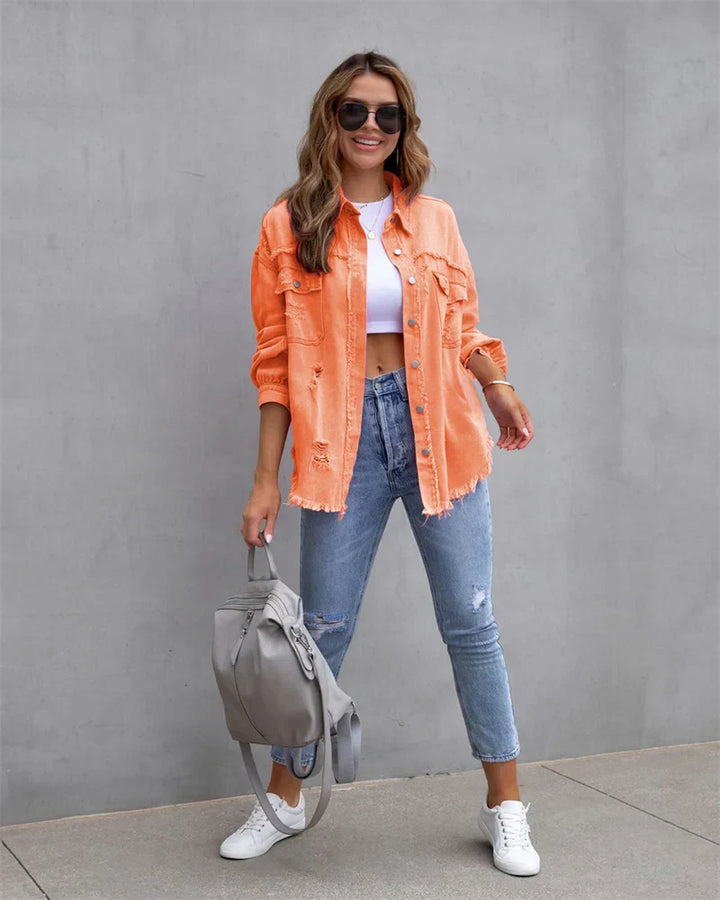 Levoire | Veste En Jean Avec Bords Bruts, Printemps, Rose, Orange, Violet Orange