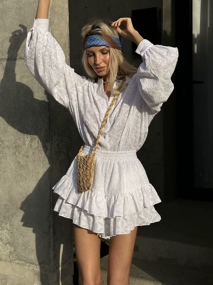 Levoire | Chemisier Blanc À Manches Longues Et Short En Ensemble Blanc