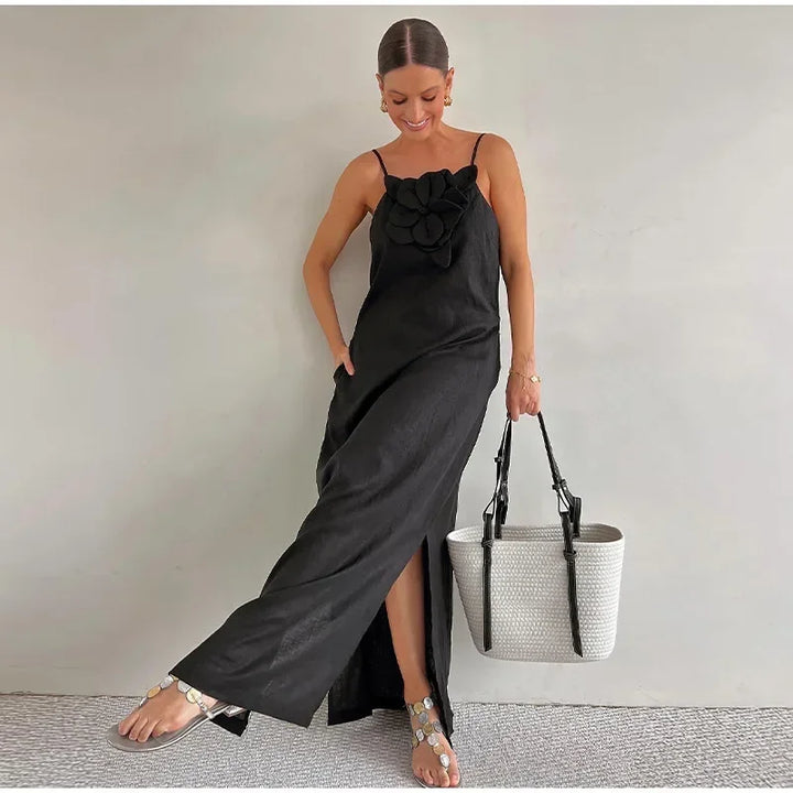 Levoire | Robe Maxi En Mélange De Lin Avec Décoration Florale, Fente Et Poches Noir