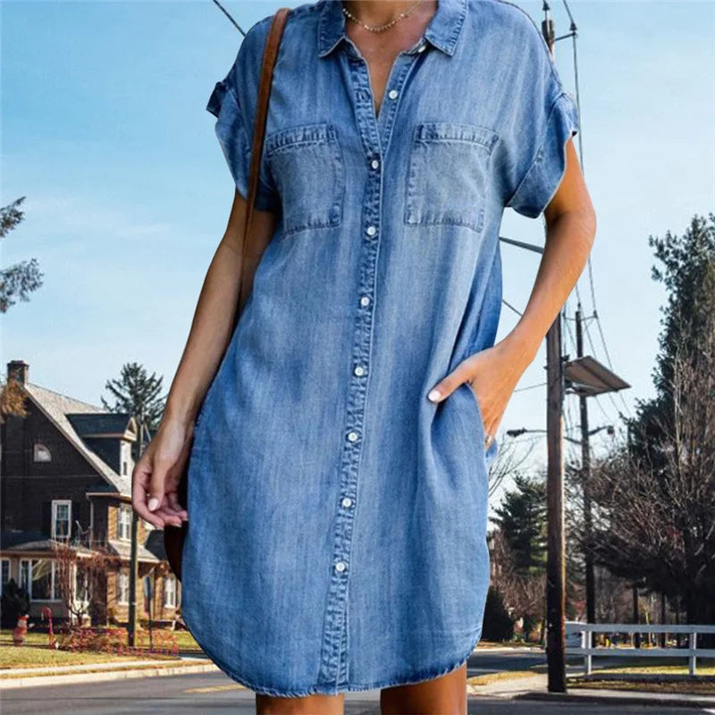 Levoire | Robe D'Été Mini Décontractée À Manches Courtes En Denim Pour Dames Avec Des Boutons Bleu
