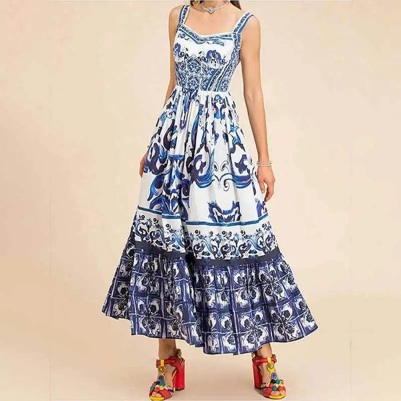 Levoire | Robe Maxi Lumineux Style Bohémien Encolure En V Manches Courtes Légère Élégante Ajustement Bleu