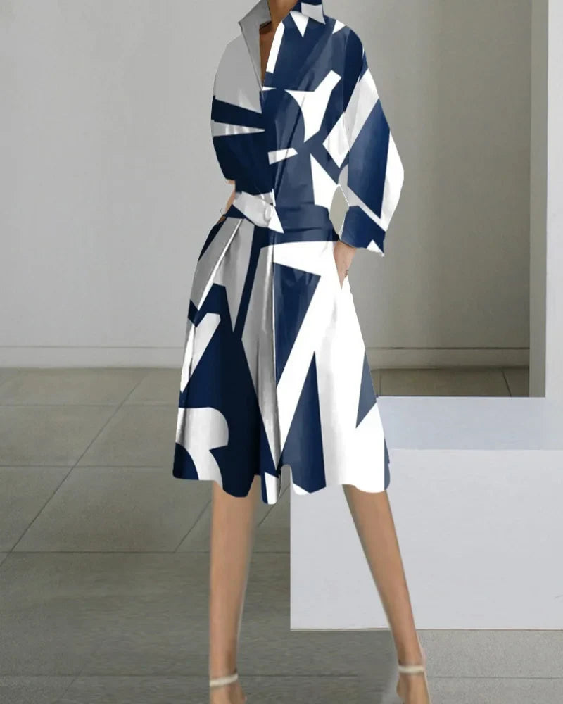 Levoire | Robe Midi Elegante Manches Longues, Col V, Blanche, Poches, Femme Bleu