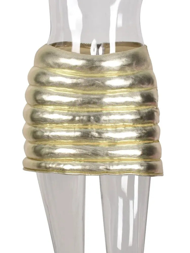 Levoire | Jupe Mini Brillante Métallisée À Taille Haute Pour Des Looks Tendance Champagne