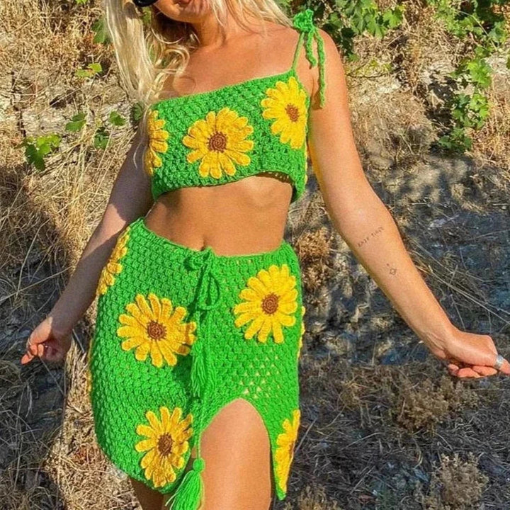 Levoire | Top En Crochet Tricoté Et Ensemble Jupe Love-Fleur Au Design Élégant vert jaune fleur