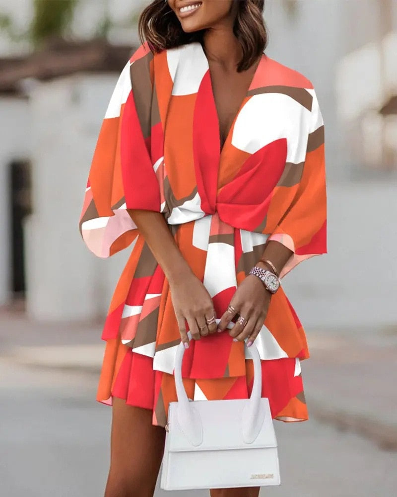 Levoire | Robe Femme Courte Avec Décolleté En V Et Manches Mi-Longues Rouge-blanc