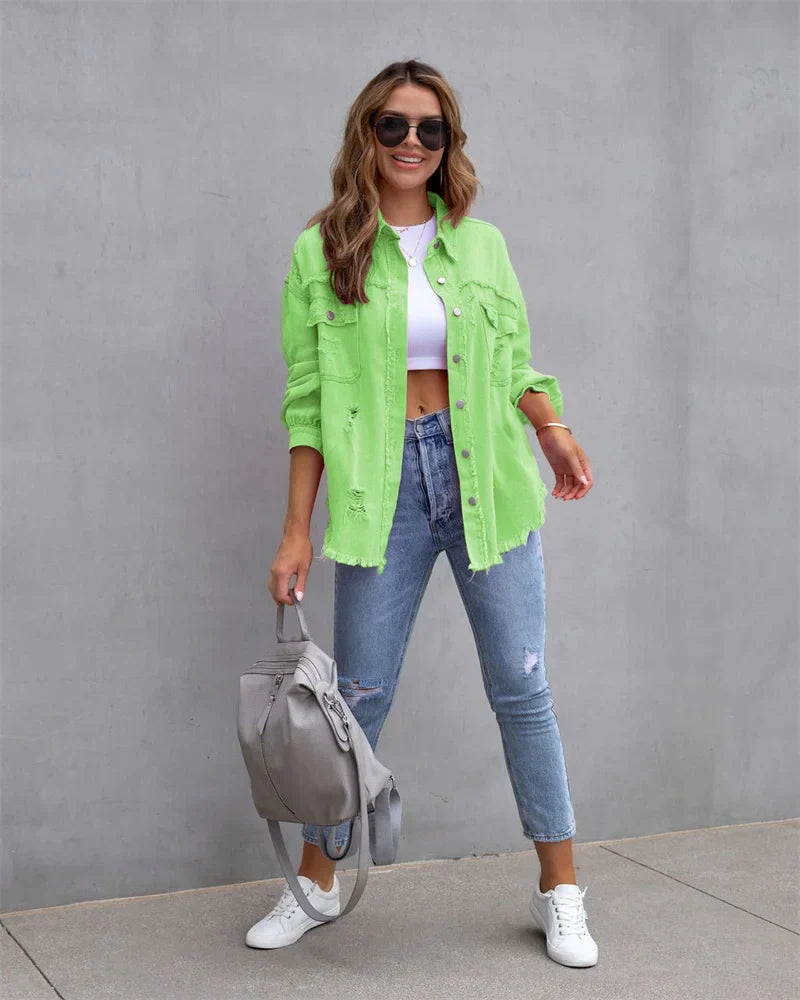 Levoire | Veste En Jean Avec Bords Bruts, Printemps, Rose, Orange, Violet