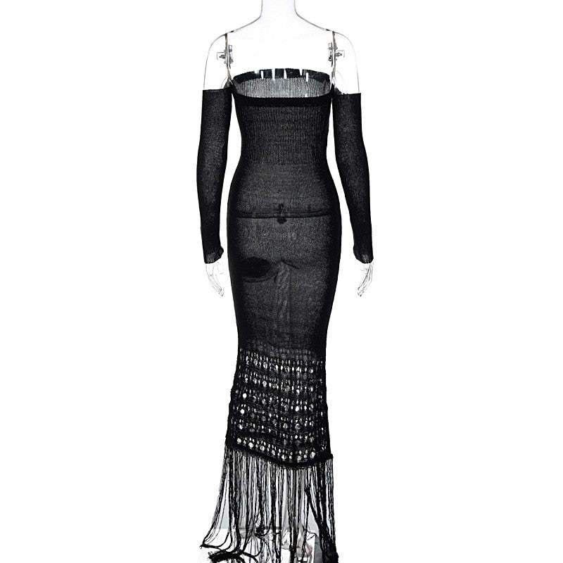 Levoire | Robe Maxi Dénudée À Franges En Tricot À Manches Longues