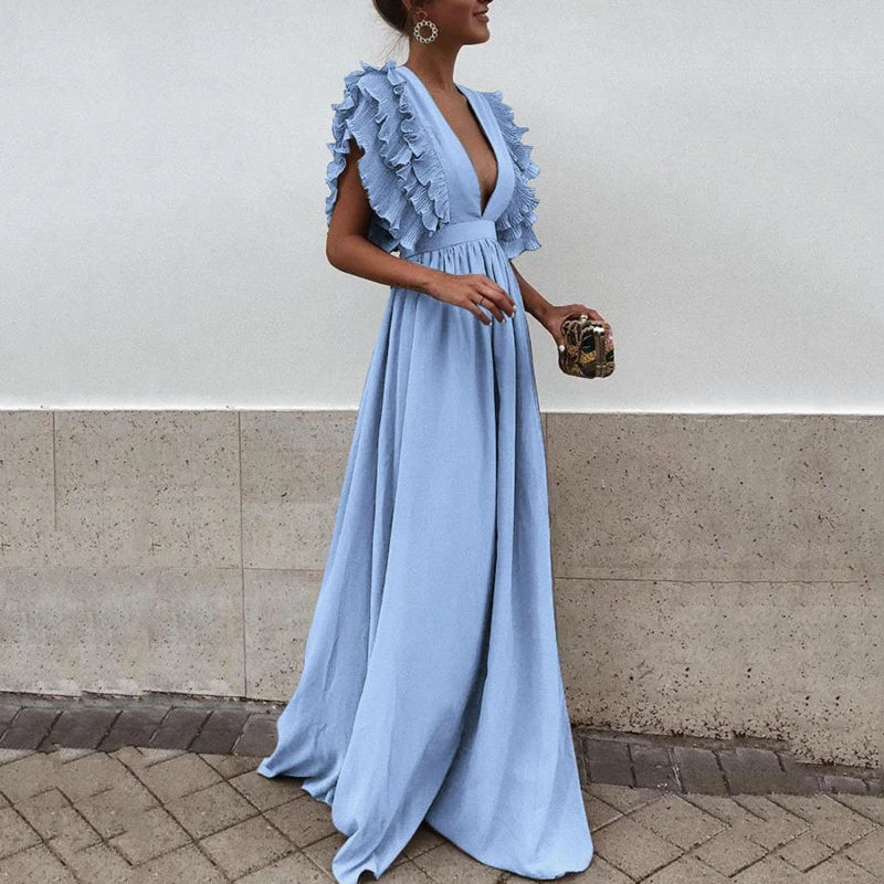 Levoire | Robe Élégante À Manches Renversées Pour Femmes Bleu
