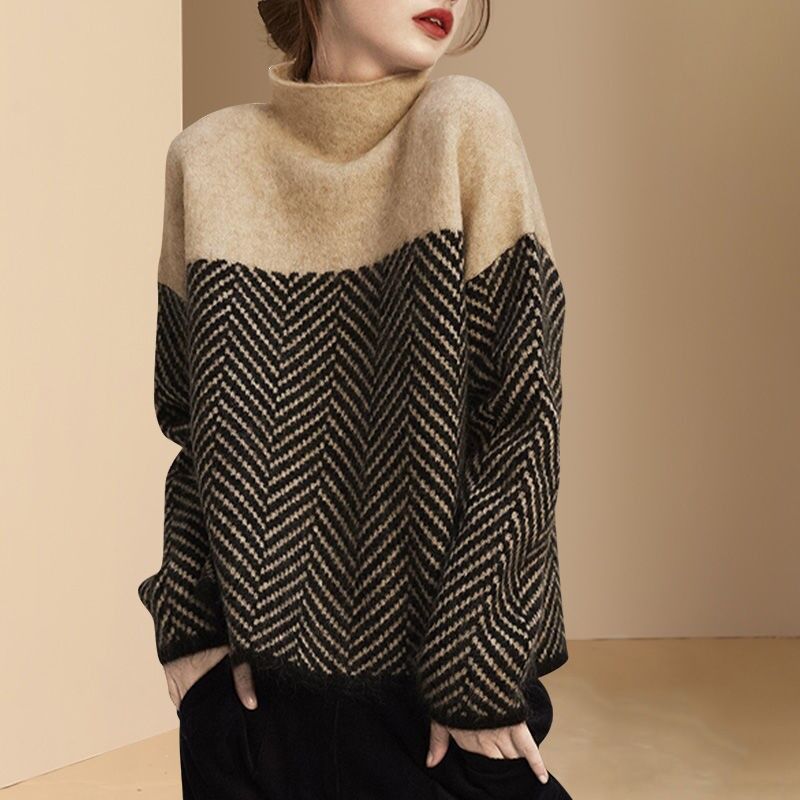 Levoire | Pull Col Roulé À Couleur Contrastée Pour Femmes Khaki